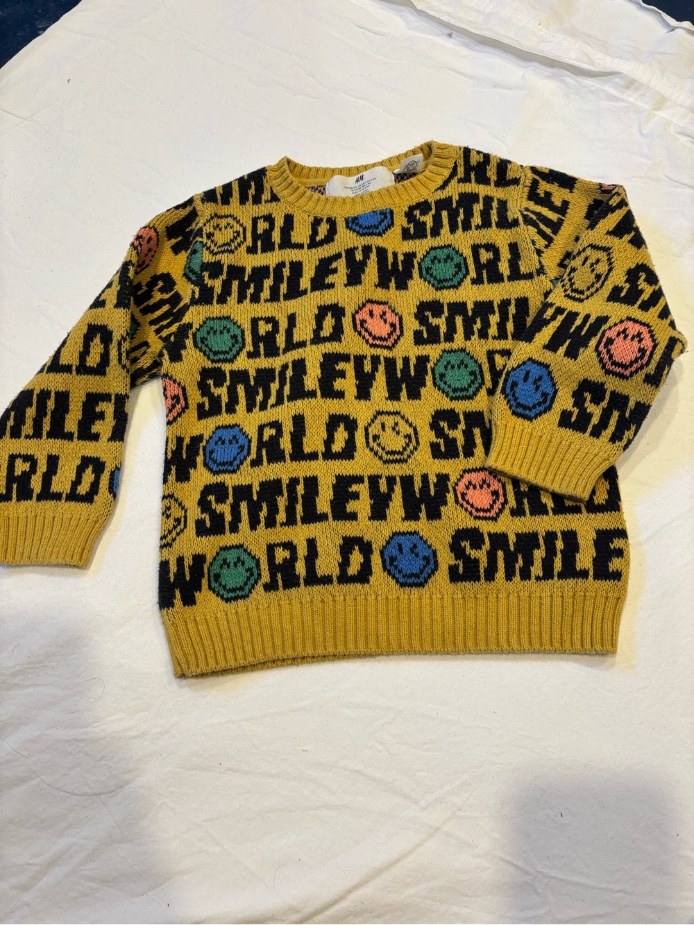 H&M Yellow Knit Sweater with Multicolor Smiley Faces